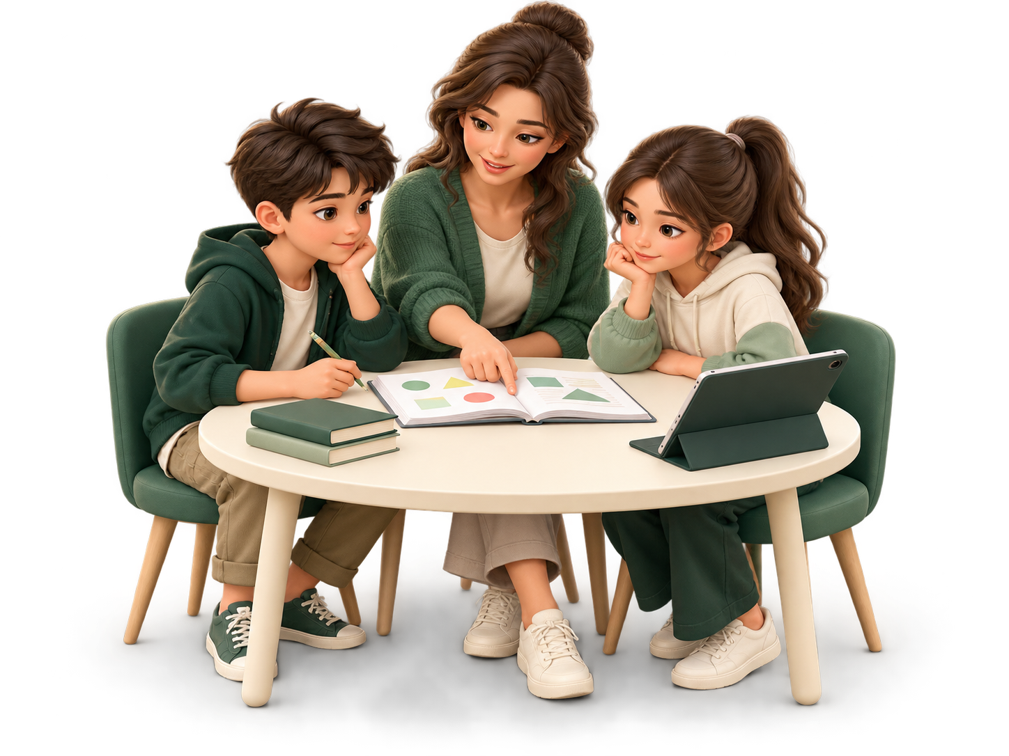 Bir eğitimciyle açık kitaptaki şekilleri birlikte inceleyen iki öğrenci